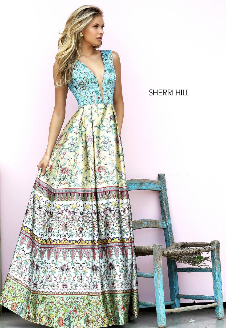Sherri Hill Printed V Neck Tank Bodice With A-line Skirt