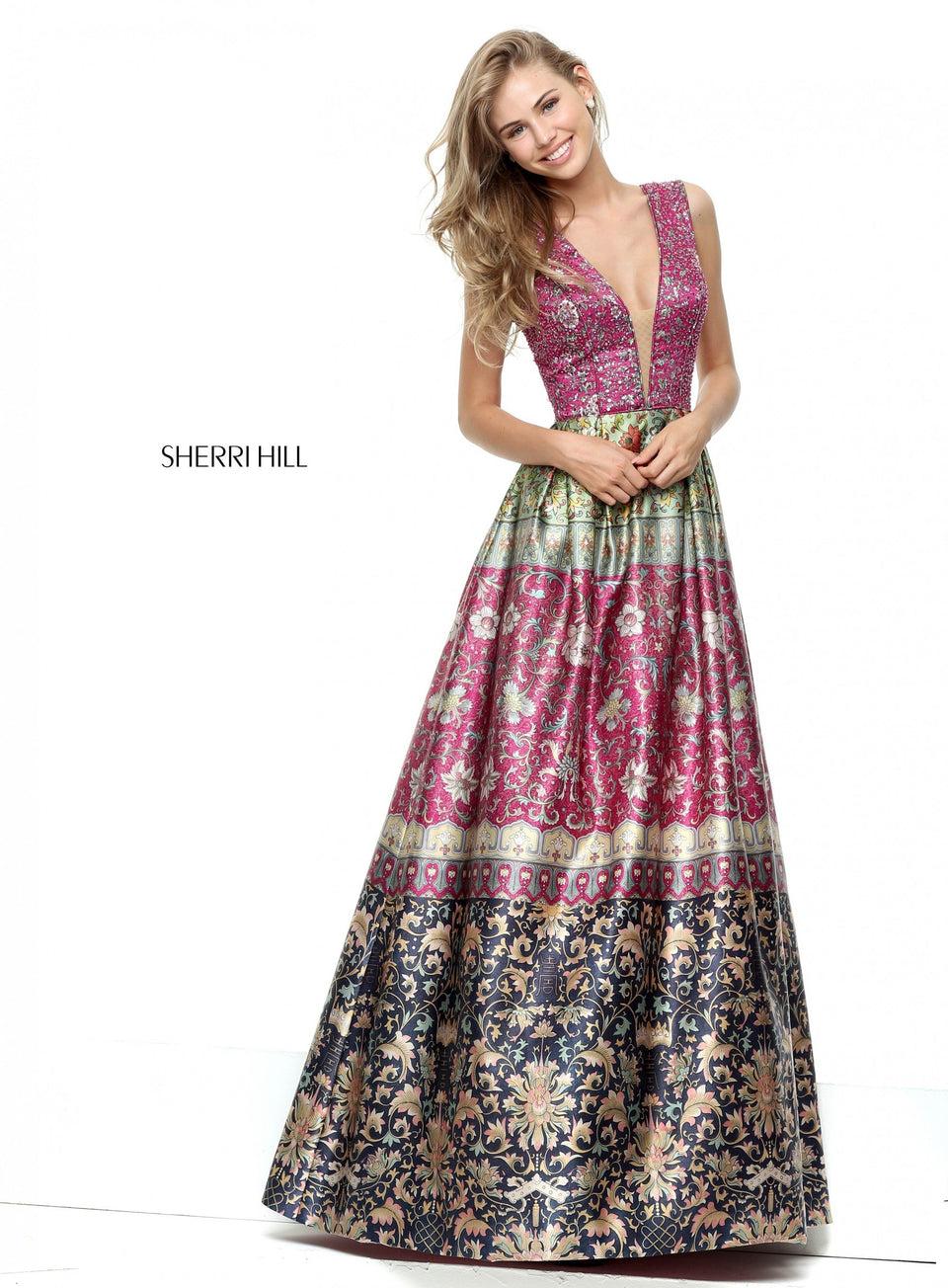 sherri hill Printed V-neck tank bodice with A-line skirt