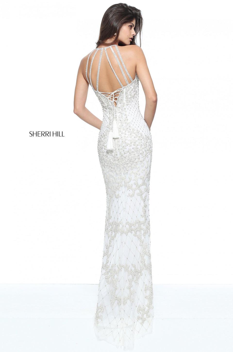 Sherri Hill Rhinestone And Pearl Fitted Gown With High Cut Halter Style Neckline And A Lace Up Back