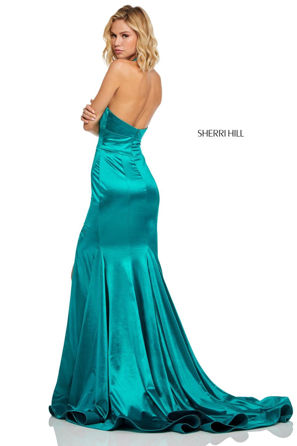 Sherri Hill Rich Metallic Fit-and-flare Dress With Plunging Halter Neckline And Slit Skirt