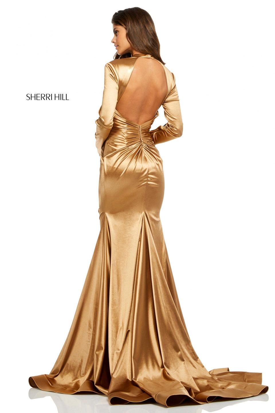 Sherri Hill Rich Metallic Mermaid Dress With Long Sleeves Open Back Plunging Neckline And Ruched Waistband With Jewel Beading Detail