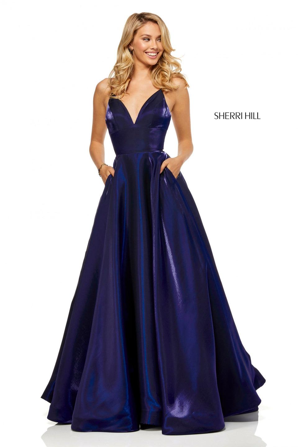 sherri hill Rich metallic satin A-line dress with V neckline and spaghetti straps