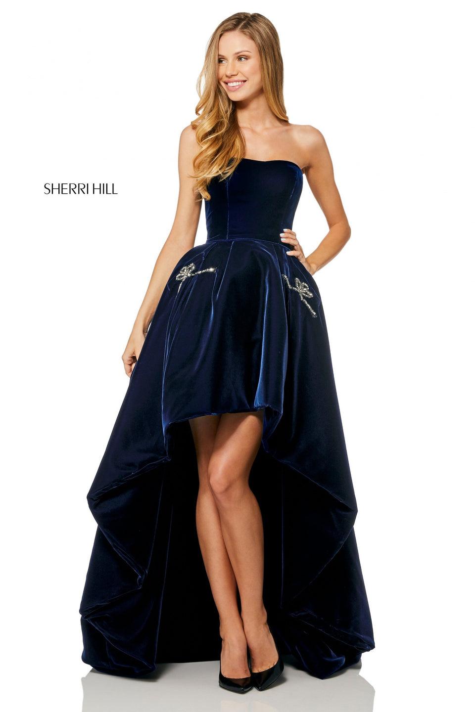 sherri hill Rich velvet high-low gown with beaded bow pockets