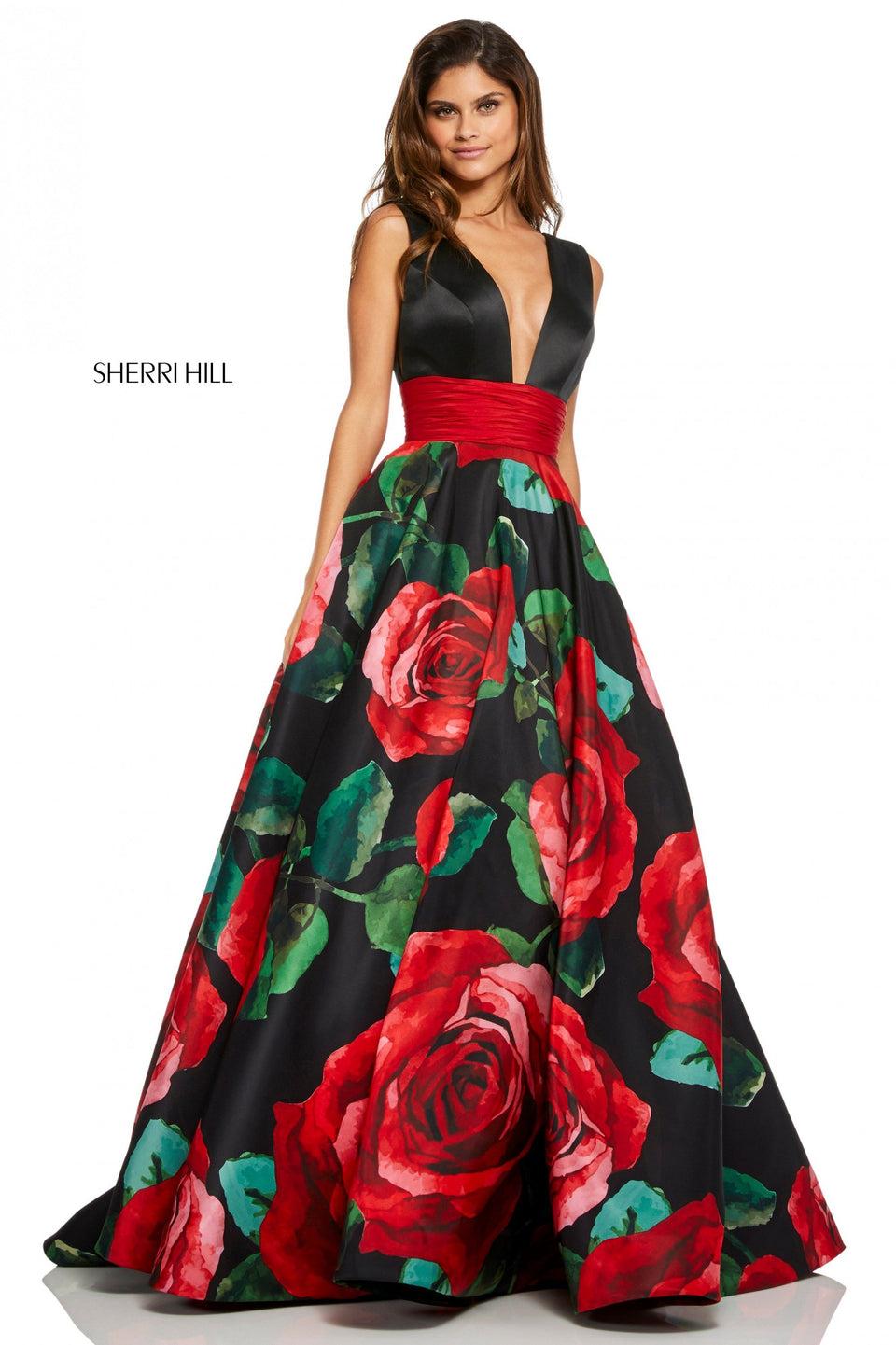 Sherri Hill Rose Print Satin Ball Gown With A Deep-V Bodice And Sides
