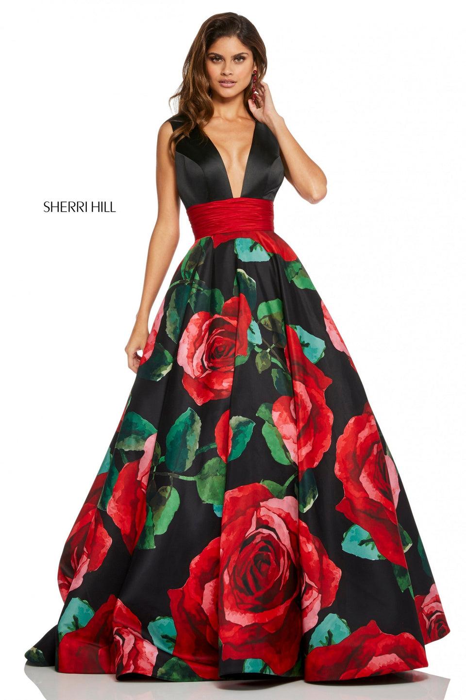 sherri hill Rose print satin ball gown with a deep-V bodice and sides