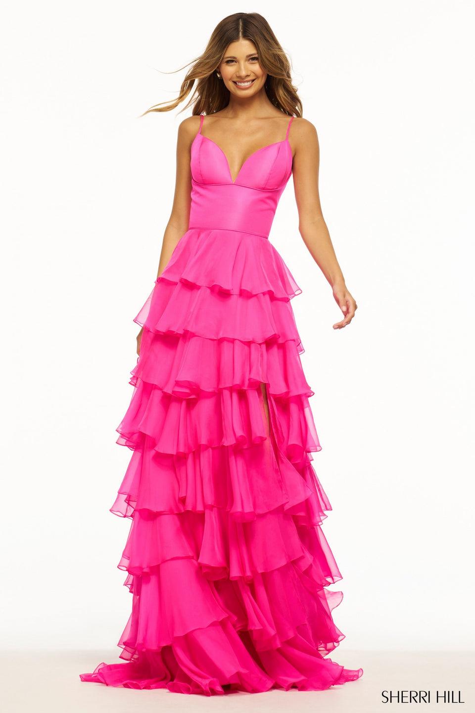 Sherri Hill Ruffle Chiffon A-Line Gown With Skirt Slit And Taffeta Bodice