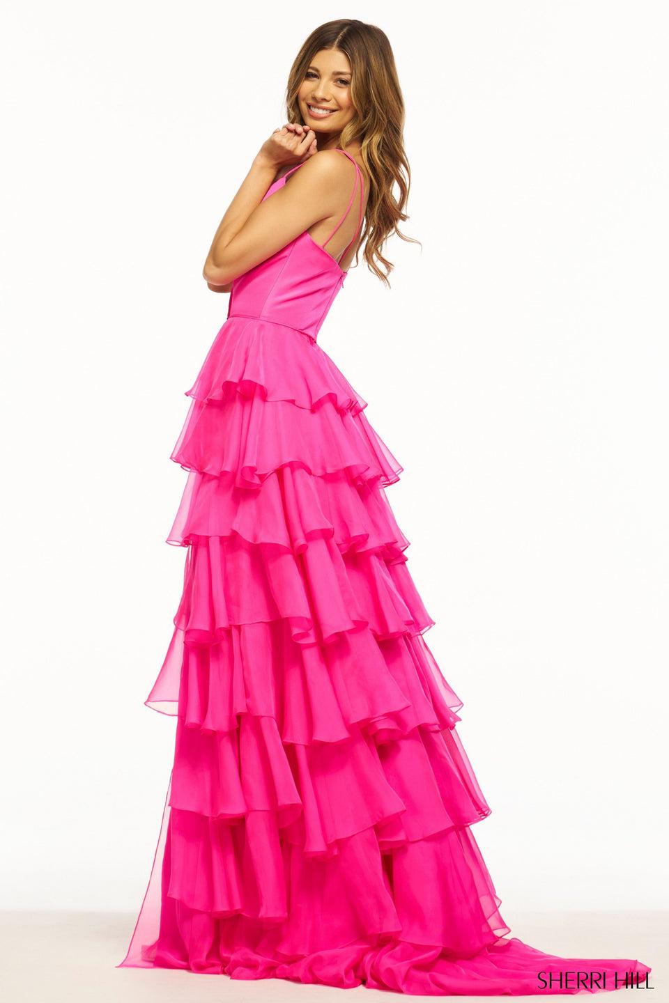 Sherri Hill Ruffle Chiffon A-Line Gown With Skirt Slit And Taffeta Bodice