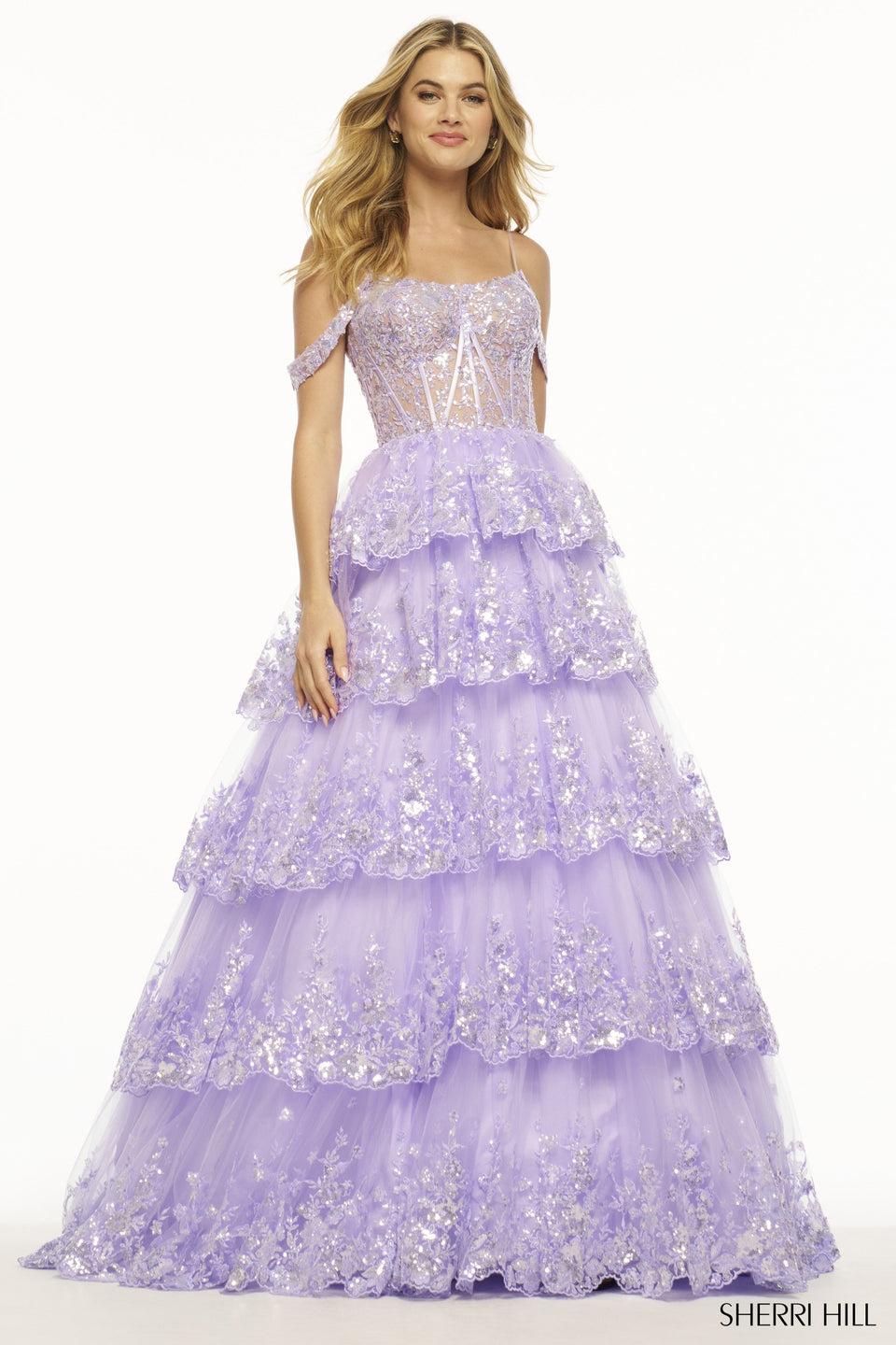 sherri hill Ruffle sequin tulle ball gown with sheer corset bodice and lace up back