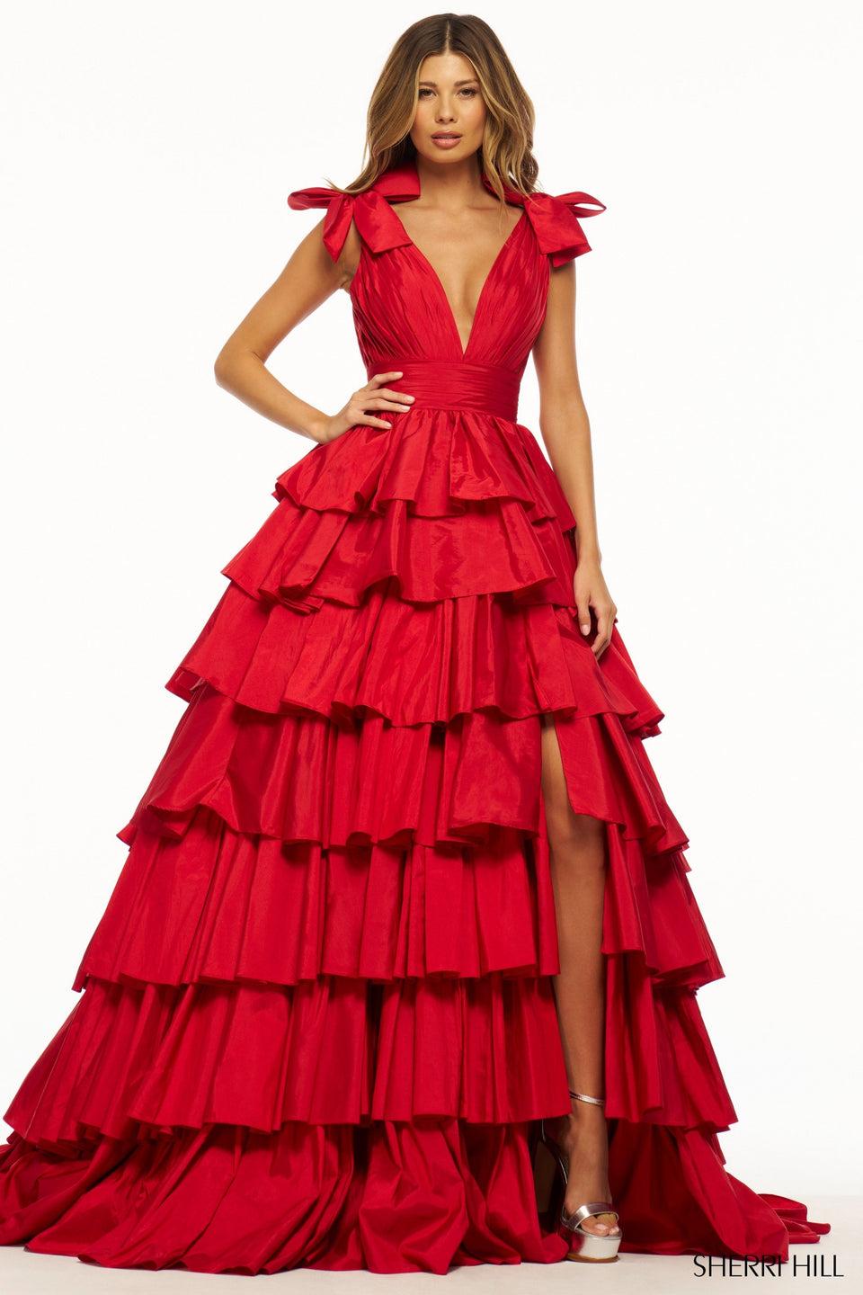 Sherri Hill Ruffle Taffeta Ball Gown With Bow Sleeves And Skirt Slit