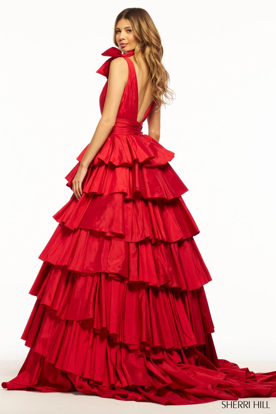 Sherri Hill Ruffle Taffeta Ball Gown With Bow Sleeves And Skirt Slit