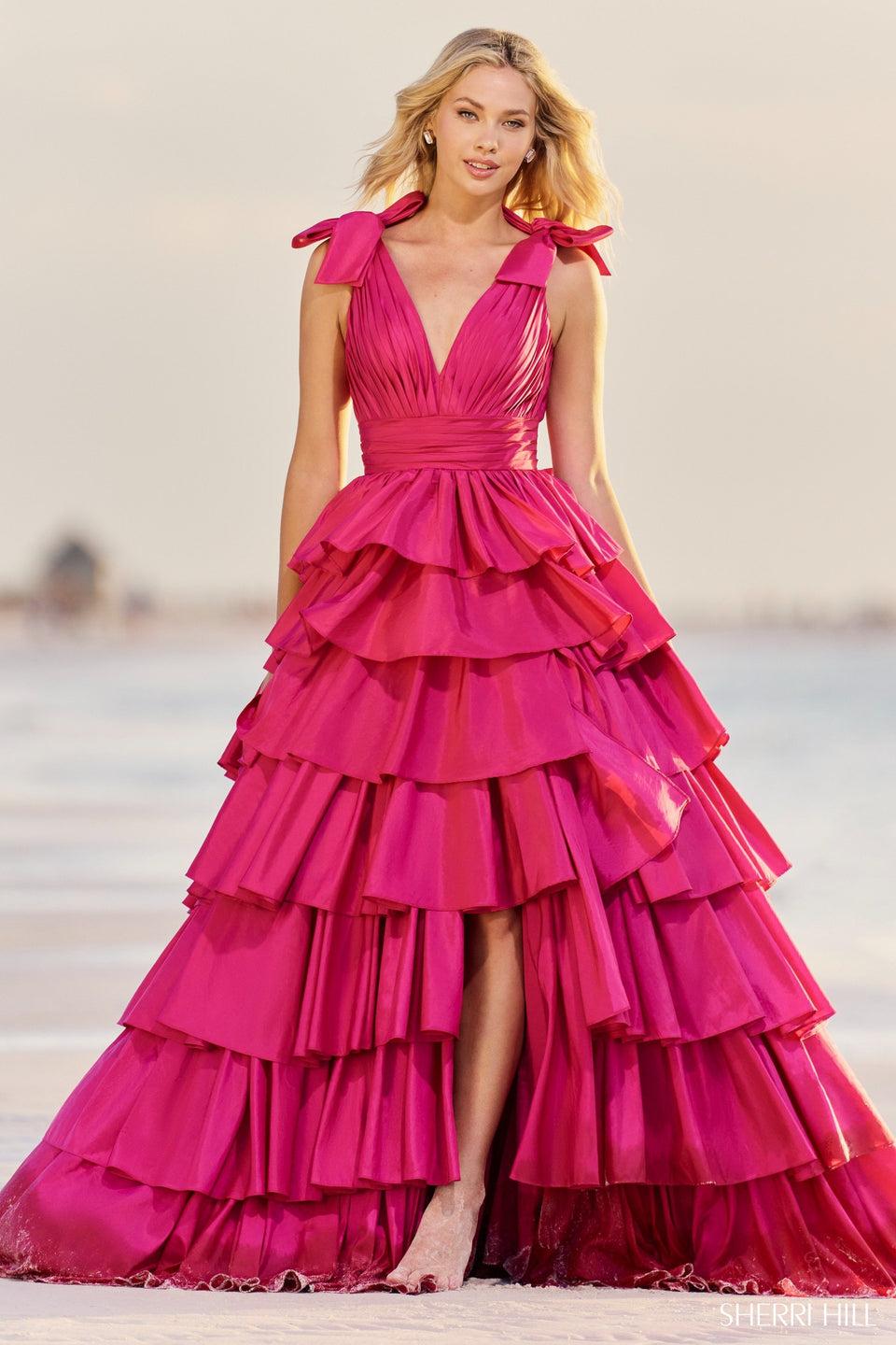 Sherri Hill Ruffle Taffeta Ball Gown With Bow Sleeves And Skirt Slit