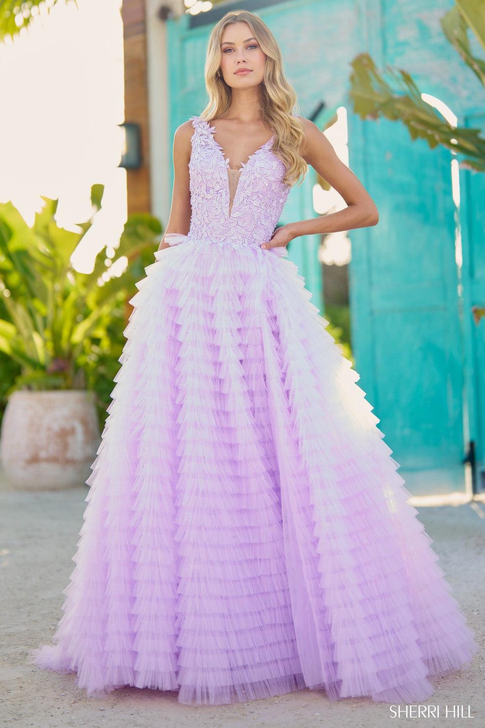 Sherri Hill Ruffle Tulle Ball Gown With Leaf Lace Bodice V-Neckline And Skirt Slit