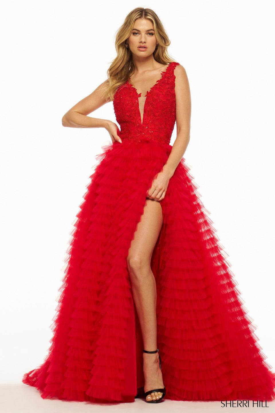 Sherri Hill Ruffle Tulle Ball Gown With Leaf Lace Bodice V-Neckline And Skirt Slit