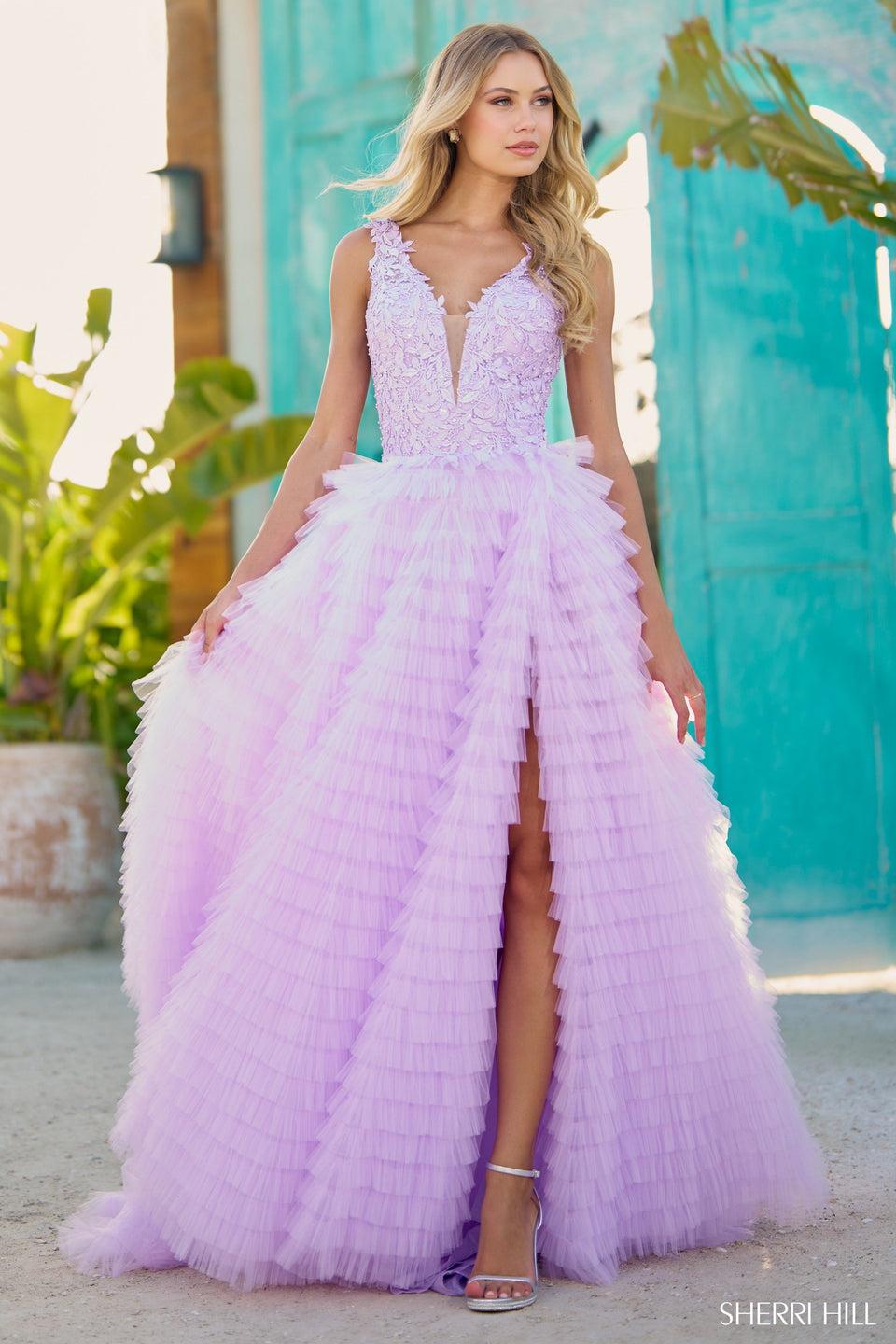 sherri hill Ruffle tulle ball gown with leaf lace bodice V-Neckline and skirt slit
