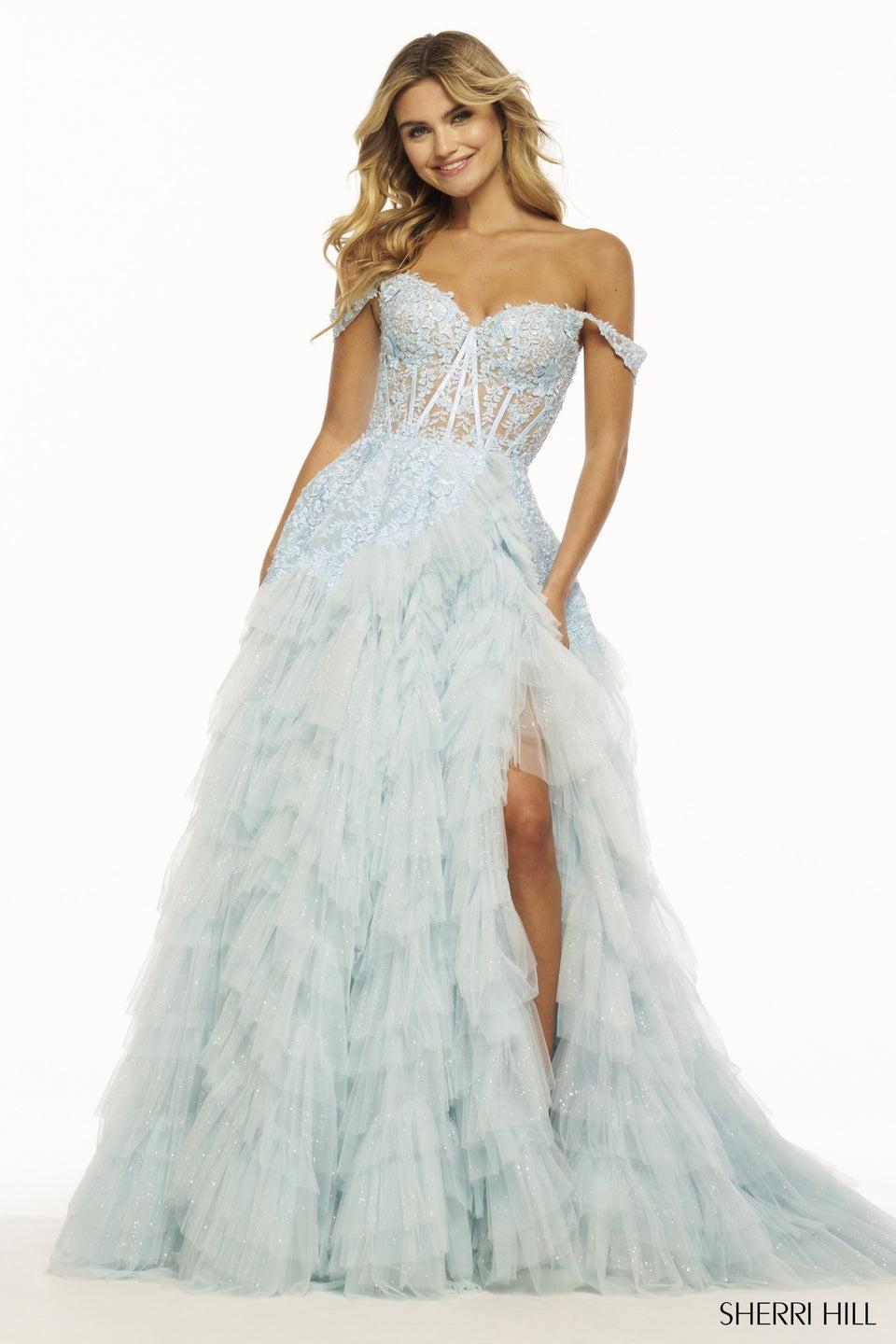 Sherri Hill Ruffle Tulle Ball Gown With Off The Shoulder Straps Sweetheart Neckline Lace Corset And Skirt Slit