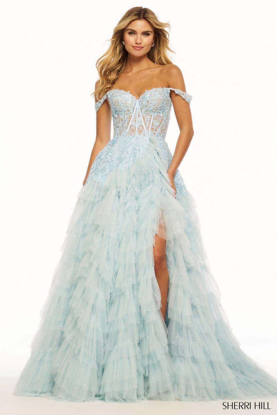 Sherri Hill Ruffle Tulle Ball Gown With Off The Shoulder Straps Sweetheart Neckline Lace Corset And Skirt Slit