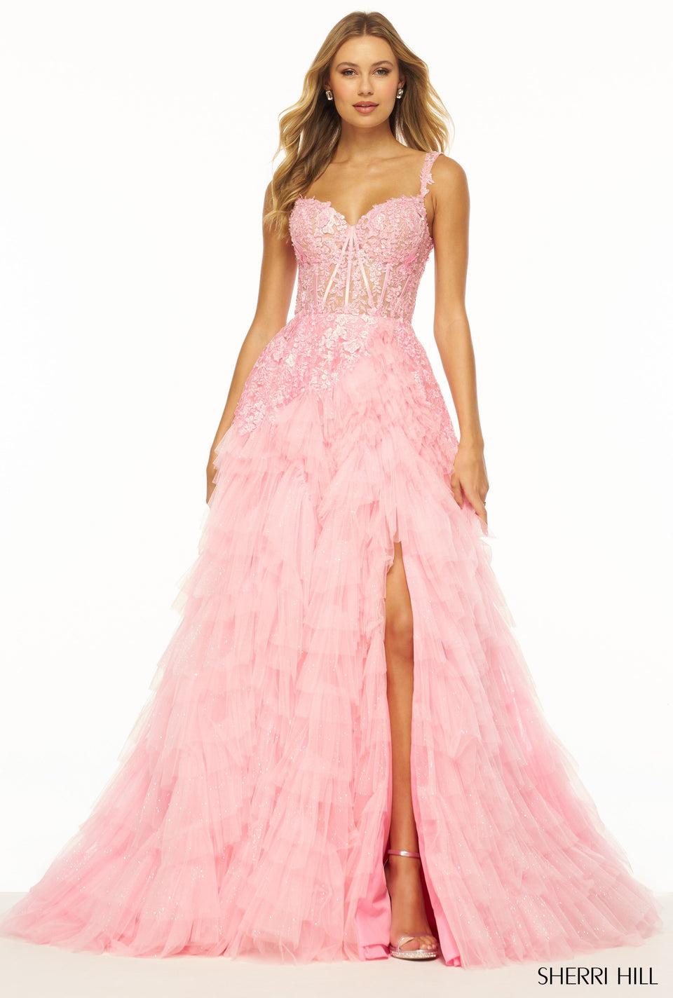 sherri hill Ruffle tulle ball gown with off the shoulder straps sweetheart neckline lace corset and skirt slit