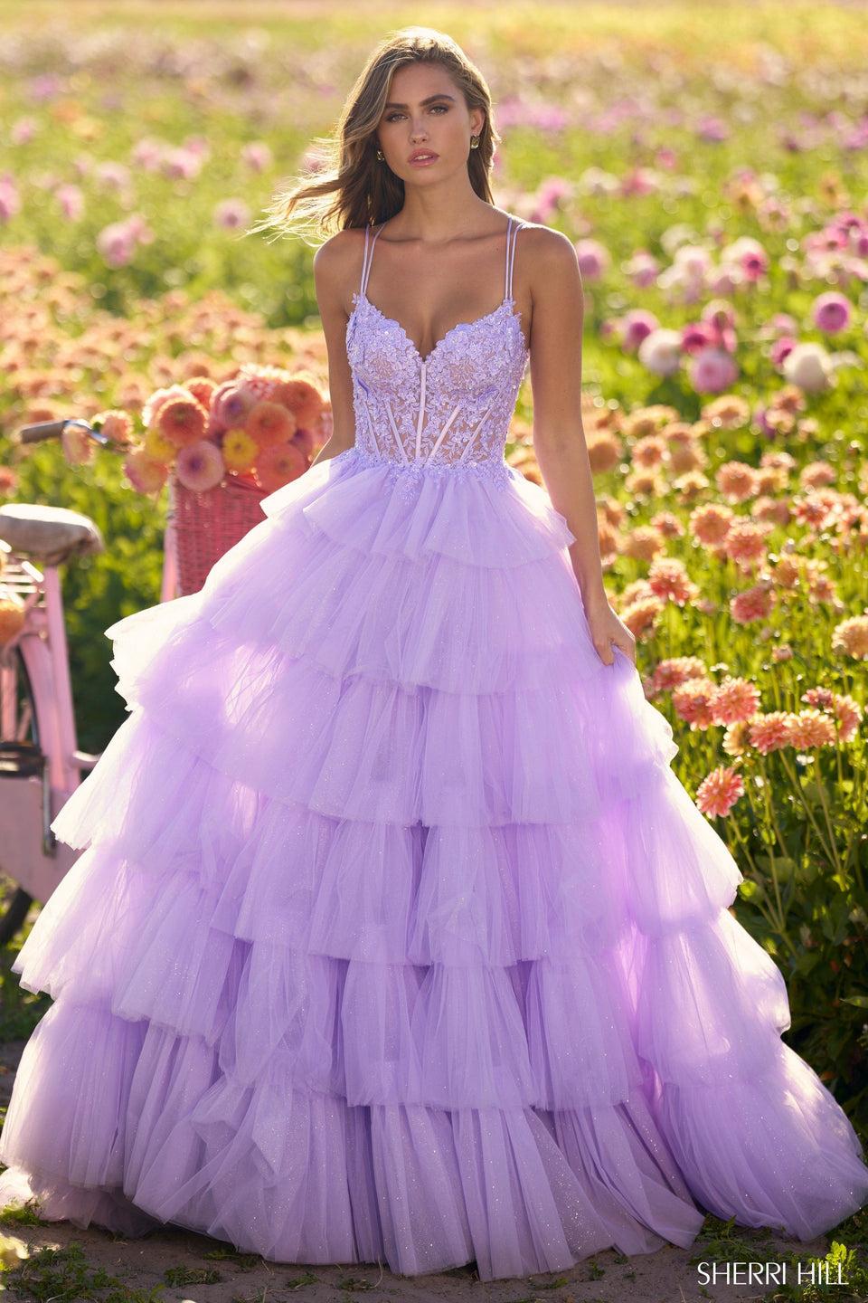 Sherri Hill Ruffle Tulle Ballgown With A Lace Corset Bodice And Lace Up Back