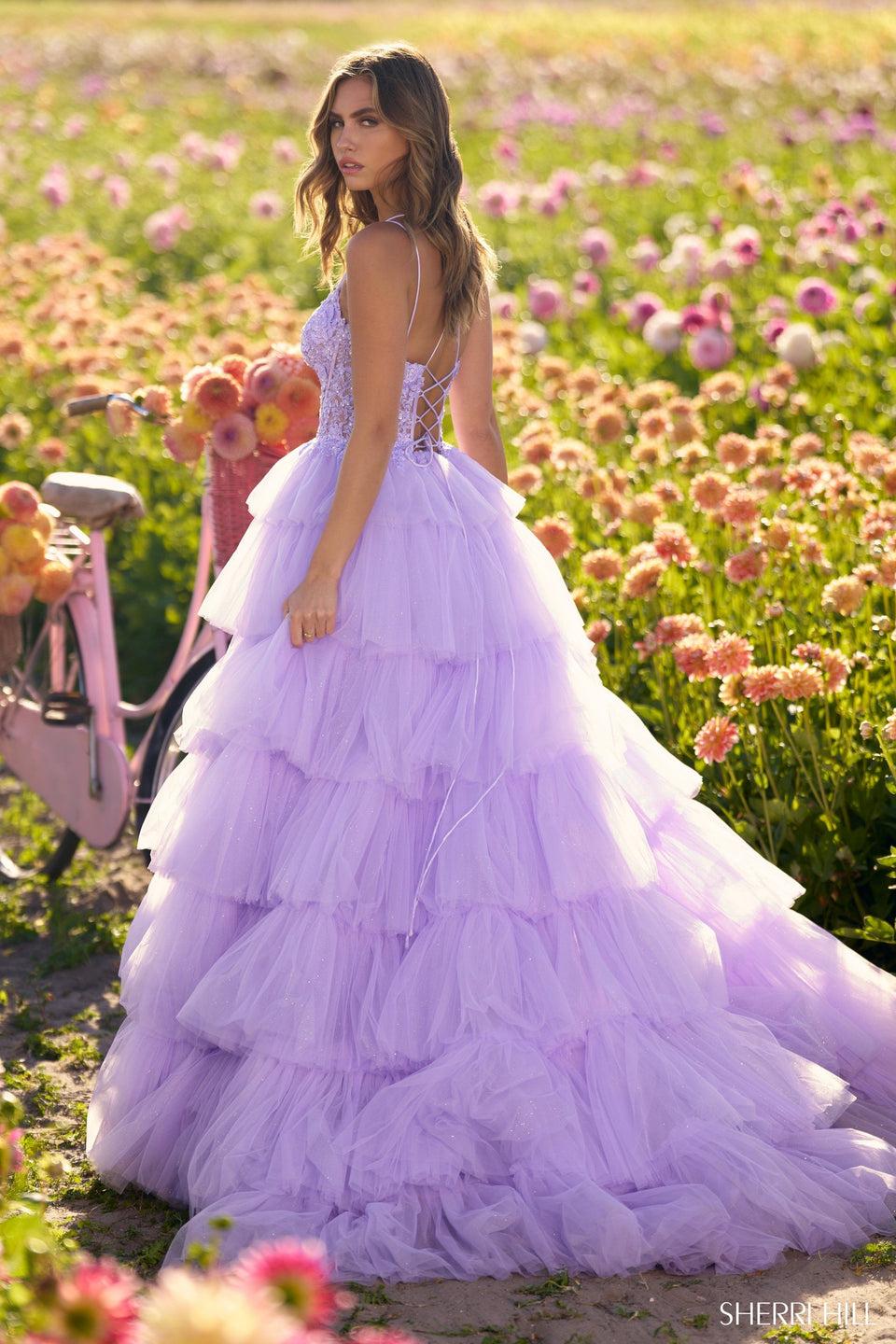 Sherri Hill Ruffle Tulle Ballgown With A Lace Corset Bodice And Lace Up Back