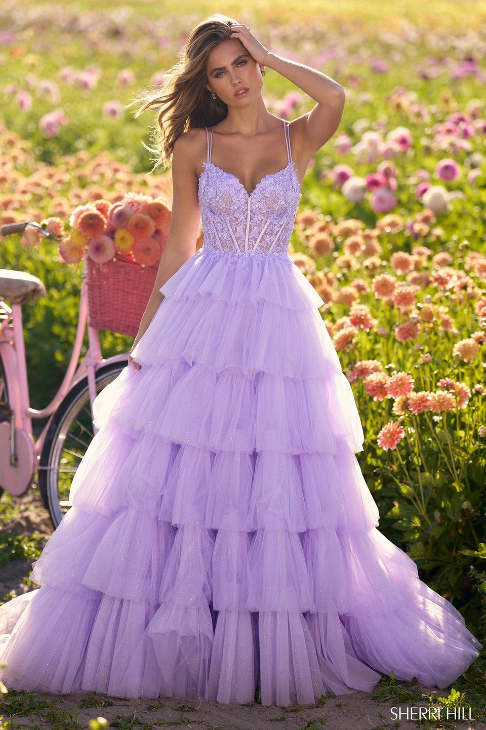 sherri hill Ruffle tulle ballgown with a lace corset bodice and lace up back