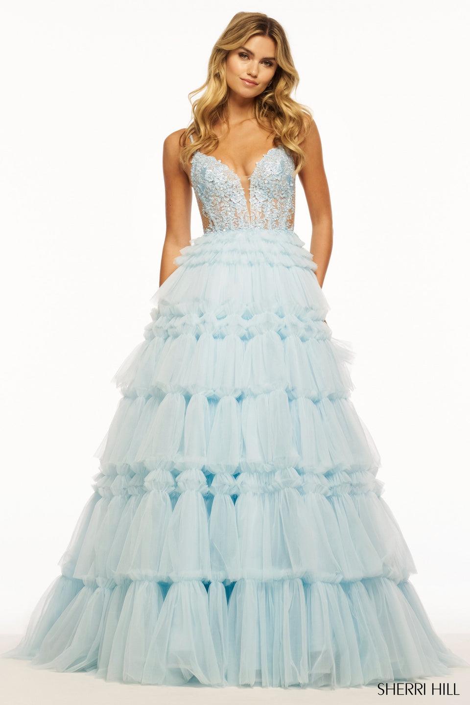 Sherri Hill Ruffle Tulle Ballgown With Sheer Lace Corset Bodice And Lace Up Back