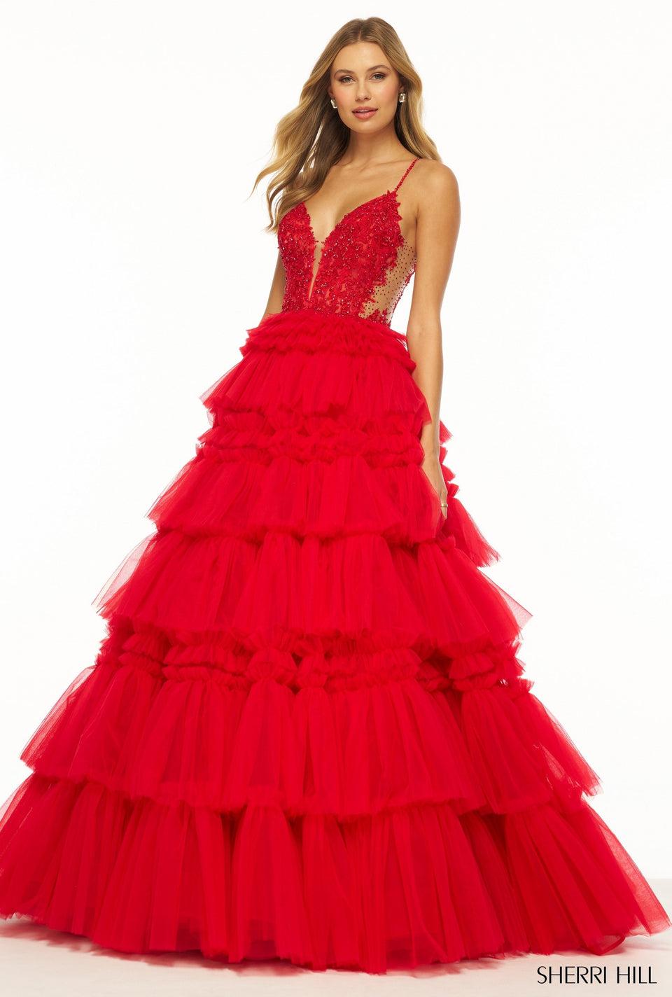 Sherri Hill Ruffle Tulle Ballgown With Sheer Lace Corset Bodice And Lace Up Back