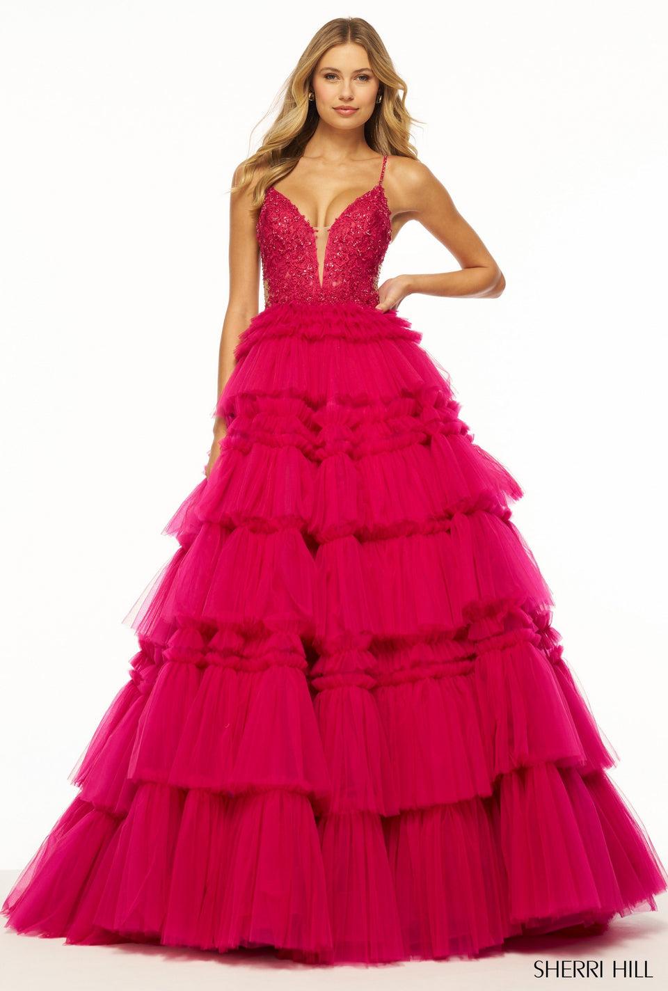 sherri hill Ruffle tulle ballgown with sheer lace corset bodice and lace up back
