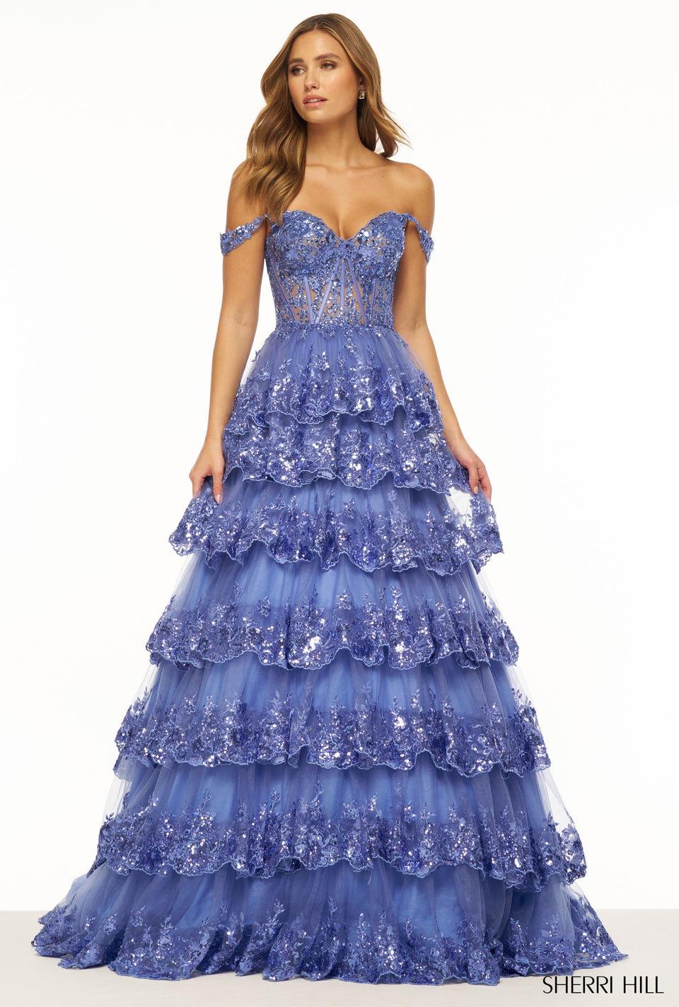 Sherri Hill Ruffle Tulle Lace Sequin Ball Gown With Sheer Corset Bodice Sweetheart Neckline Off The Shoulder Straps And Lace Up Back