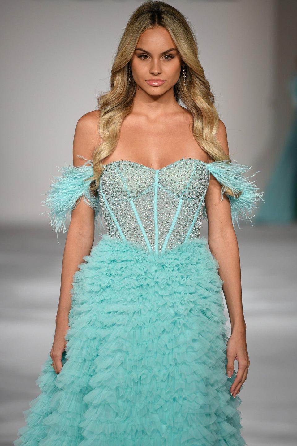 Sherri Hill Ruffled Skirt Ballgown With Beaded Corset Top Off The Shoulder Feathered Sleeves And Skirt Slit