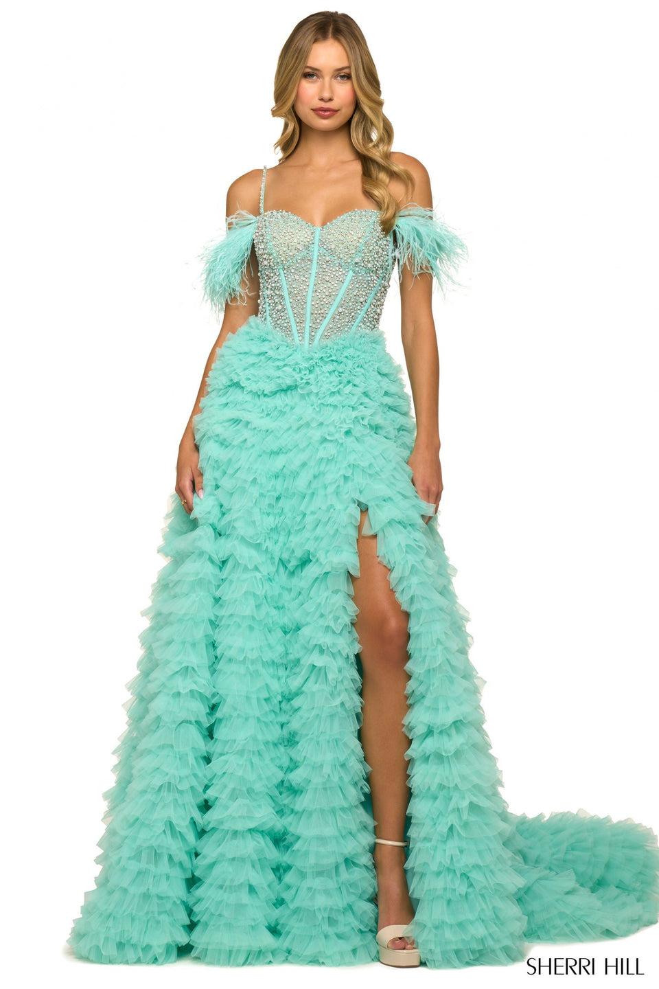 Sherri Hill Ruffled Skirt Ballgown With Beaded Corset Top Off The Shoulder Feathered Sleeves And Skirt Slit