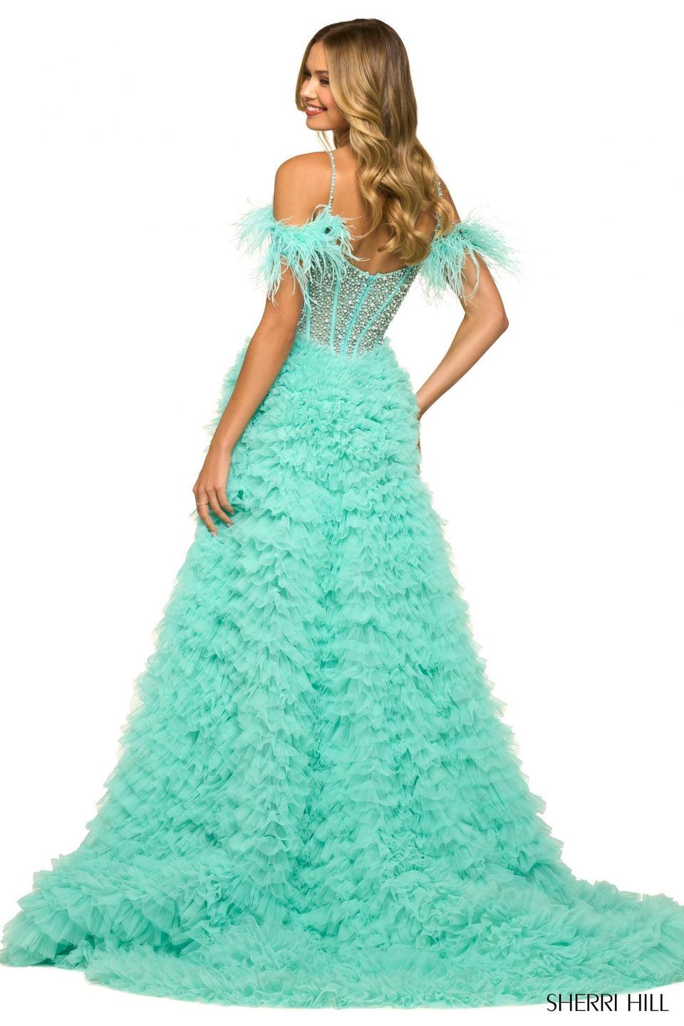 Sherri Hill Ruffled Skirt Ballgown With Beaded Corset Top Off The Shoulder Feathered Sleeves And Skirt Slit