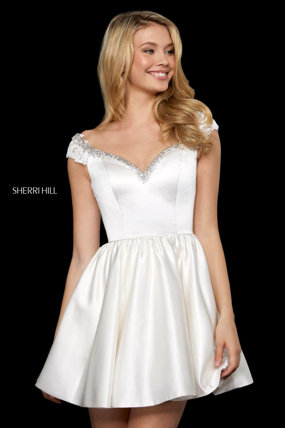 sherri hill Satin A-line cocktail dress with jewel encrusted sweetheart neckline and off-the-shoulder lace straps