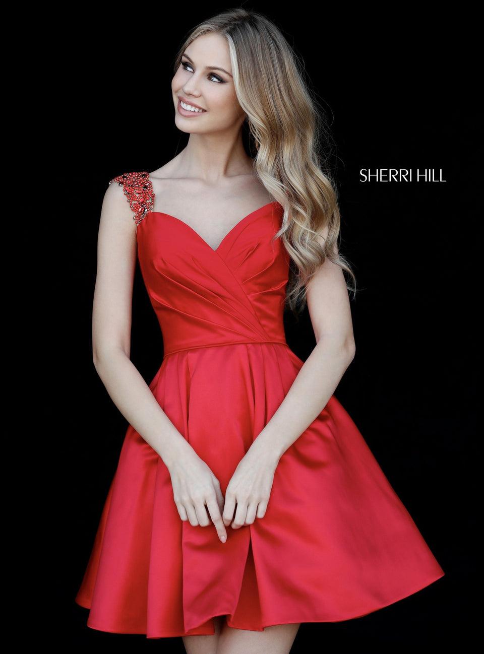 sherri hill Satin A-line cocktail with sweetheart bodice and bead appliqued straps