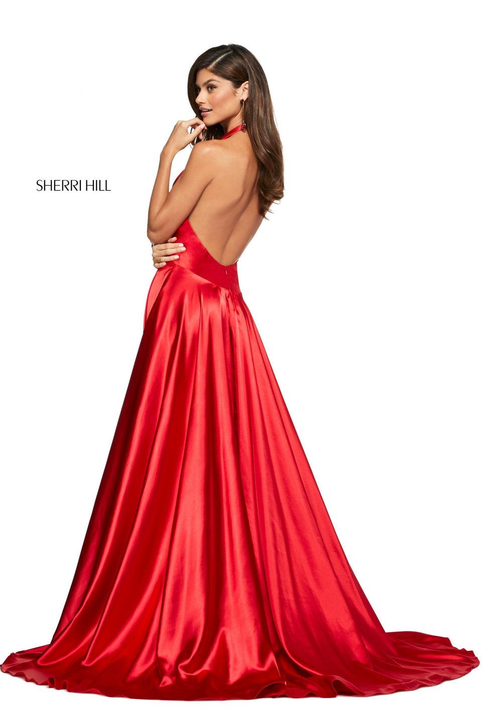 Sherri Hill Satin A-line Dress With Plunging Halter Neckline And Ruched Bust