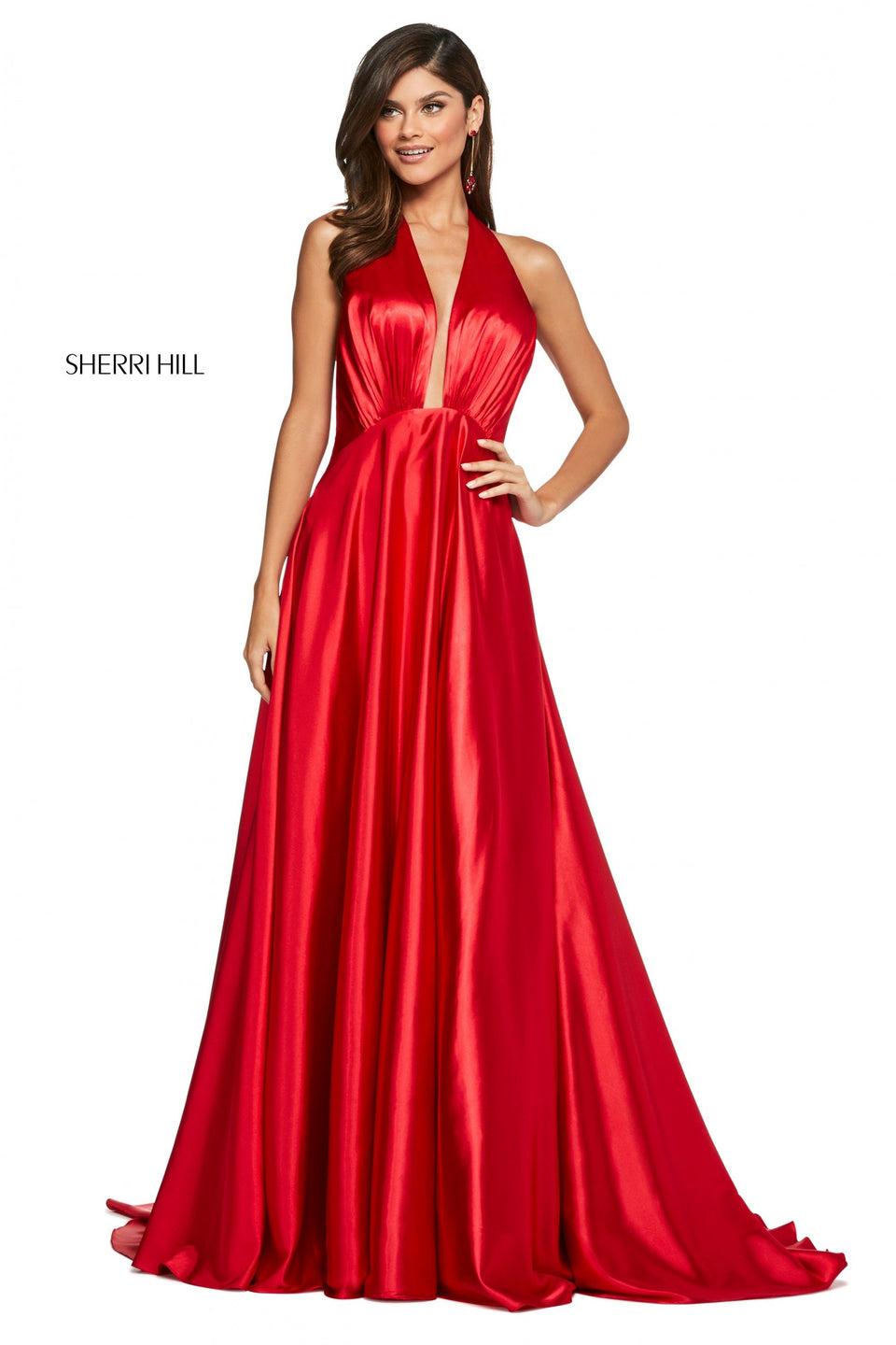 Sherri Hill Satin A-line Dress With Plunging Halter Neckline And Ruched Bust