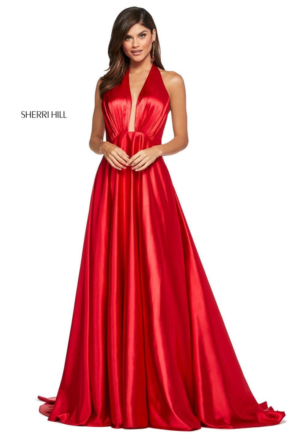 sherri hill Satin A-line dress with plunging halter neckline and ruched bust