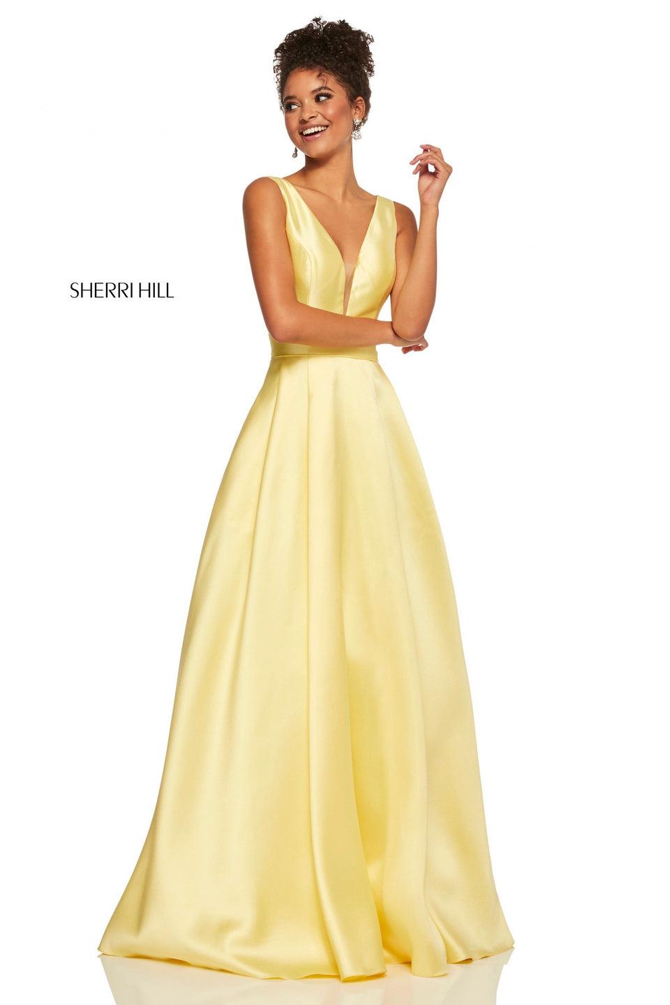 Sherri Hill Satin A-line Dress With Plunging Neckline And Back Straps With Bows