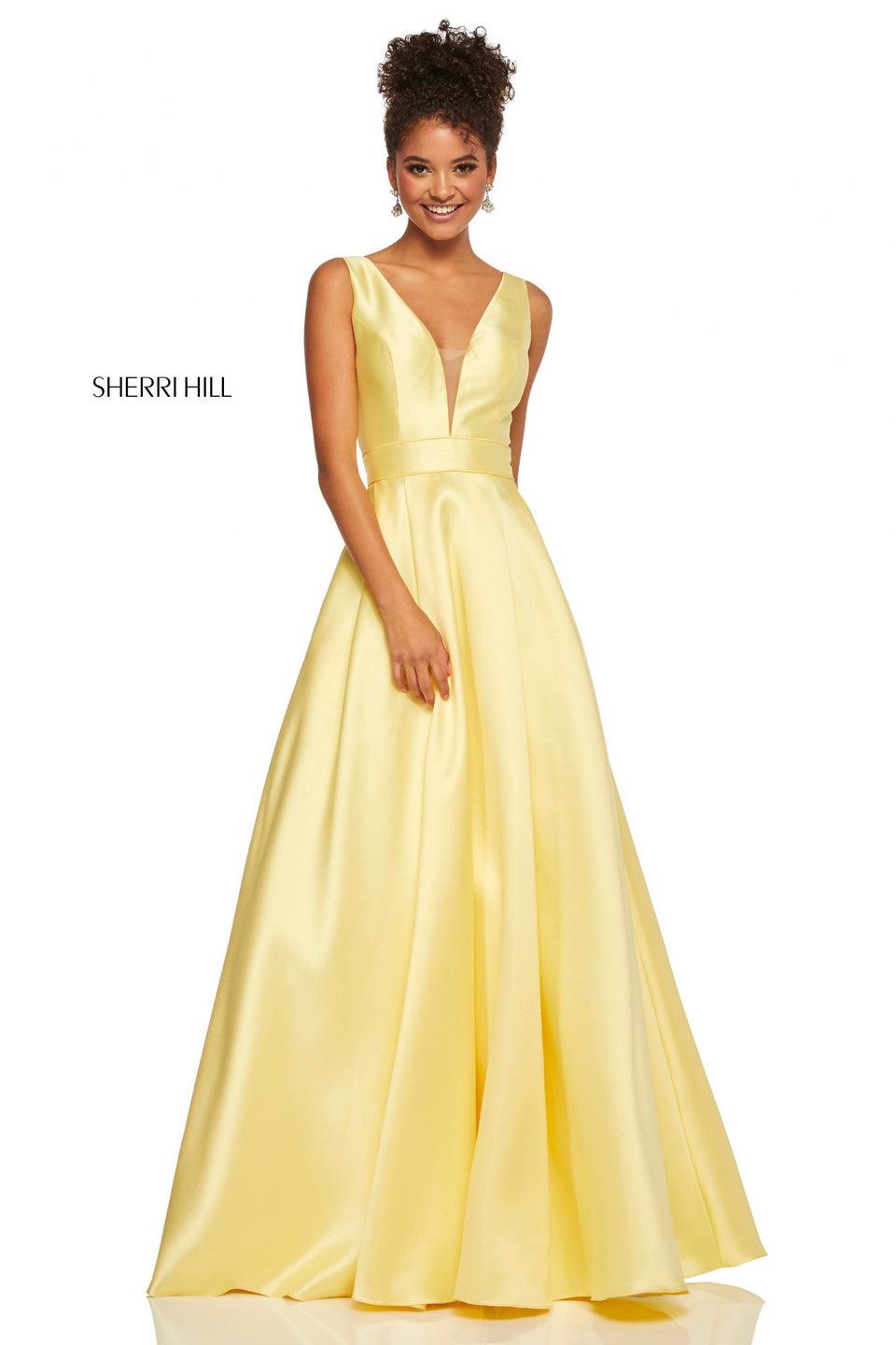 Sherri Hill Satin A-line Dress With Plunging Neckline And Back Straps With Bows