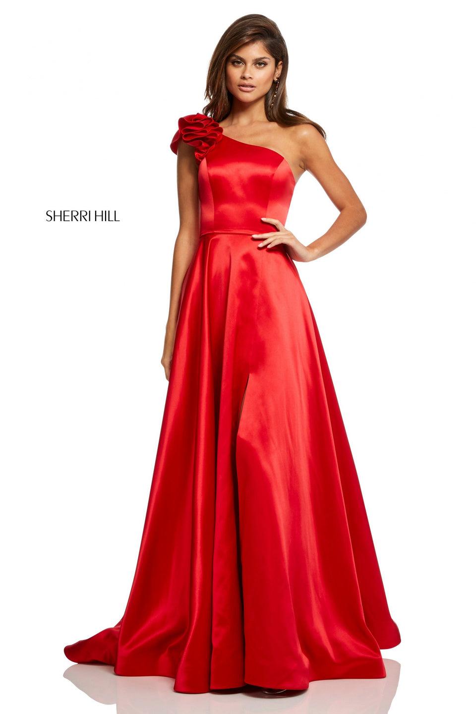 sherri hill Satin A-line gown with a ruffle one-shoulder