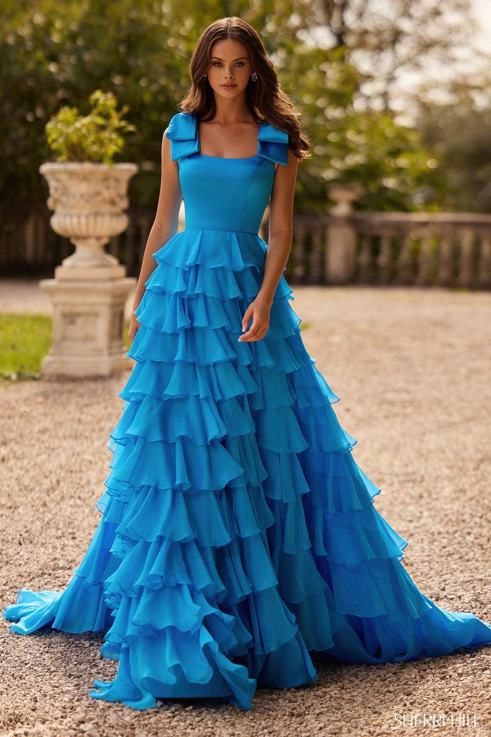 Sherri Hill Satin A-Line Gown With Bow Straps And Chiffon Ruffle Skirt With High Slit