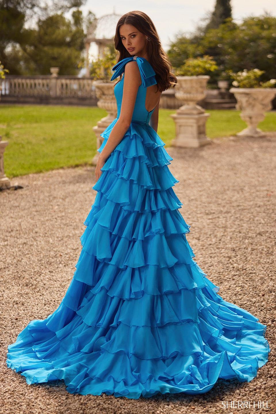 Sherri Hill Satin A-Line Gown With Bow Straps And Chiffon Ruffle Skirt With High Slit