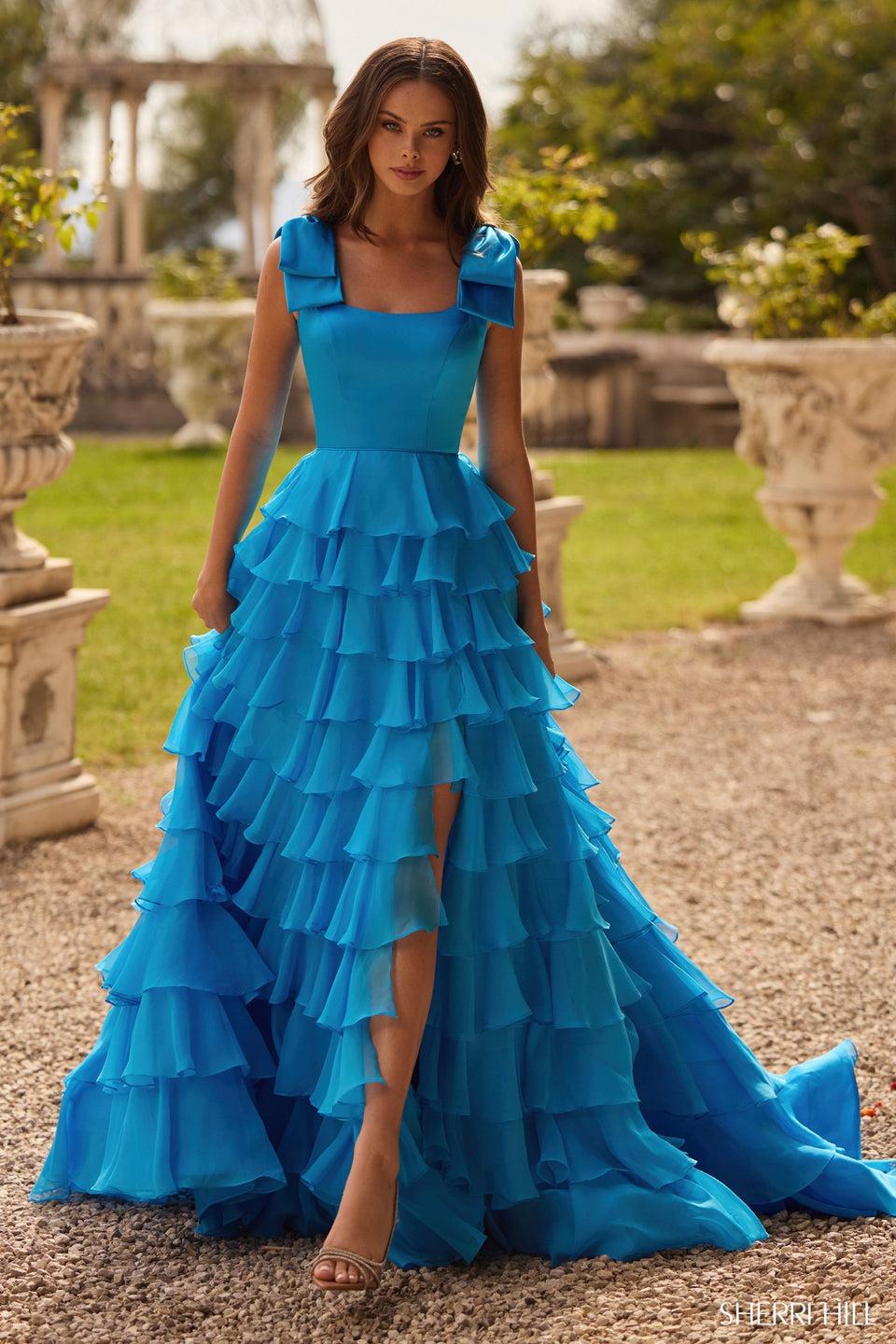 sherri hill Satin A-Line gown with bow straps and chiffon ruffle skirt with high slit