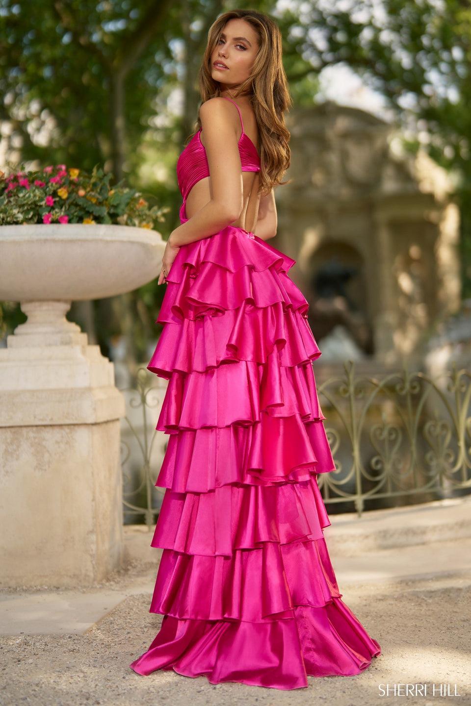Sherri Hill Satin A-line Gown With Cut Outs On Bodice Ruffle Skirt With Slit And An Open Back