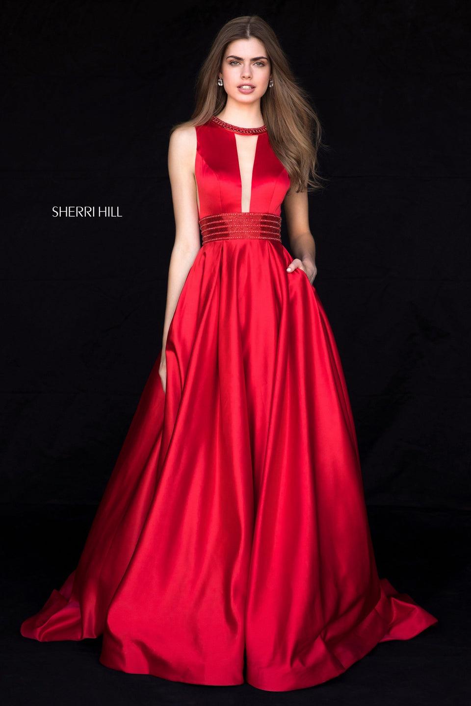 Sherri Hill Satin A-line Gown With Deep V Bodice And Beaded Collar And Belt
