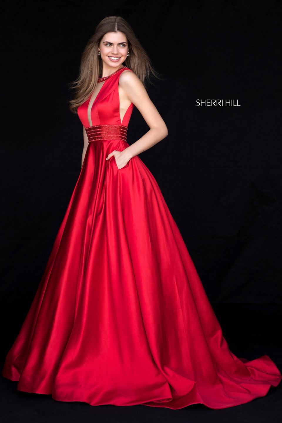 Sherri Hill Satin A-line Gown With Deep V Bodice And Beaded Collar And Belt