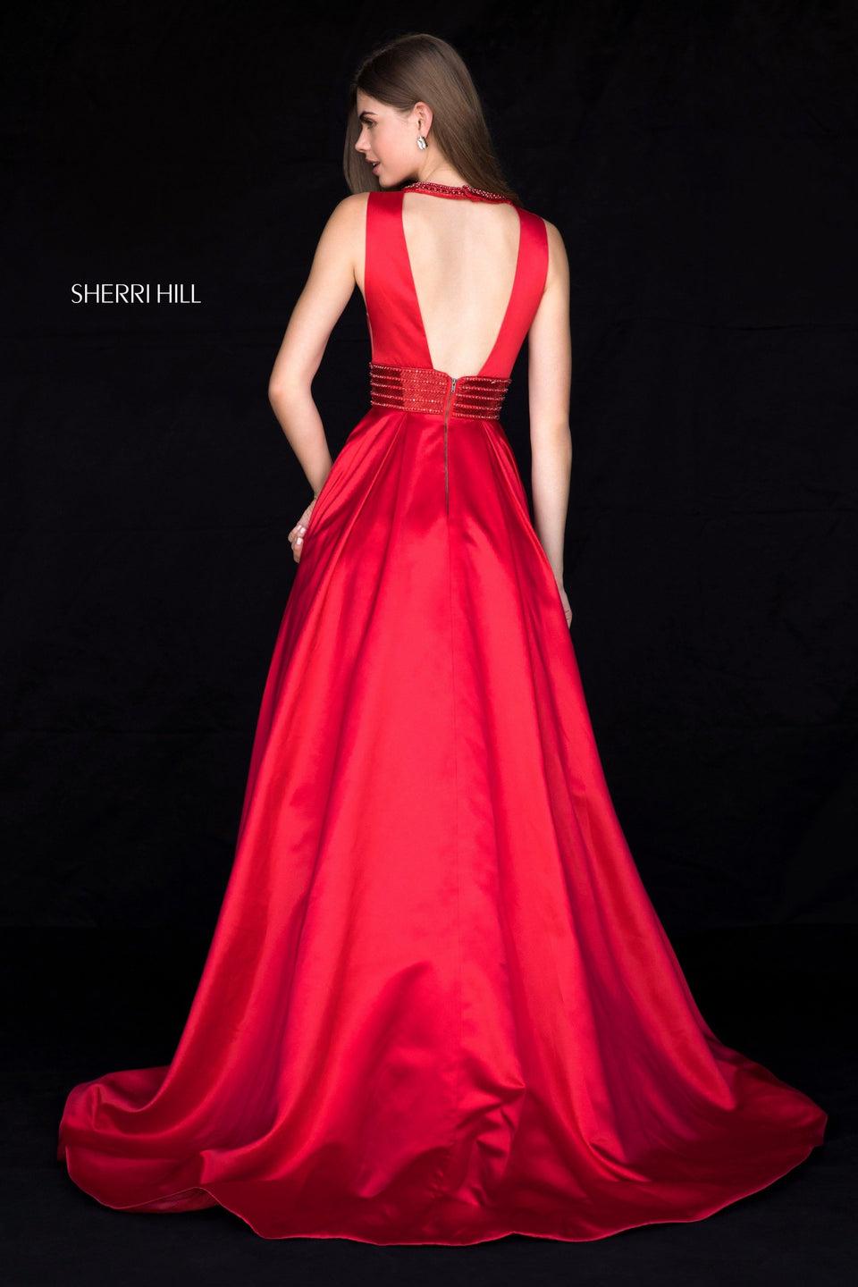 Sherri Hill Satin A-line Gown With Deep V Bodice And Beaded Collar And Belt