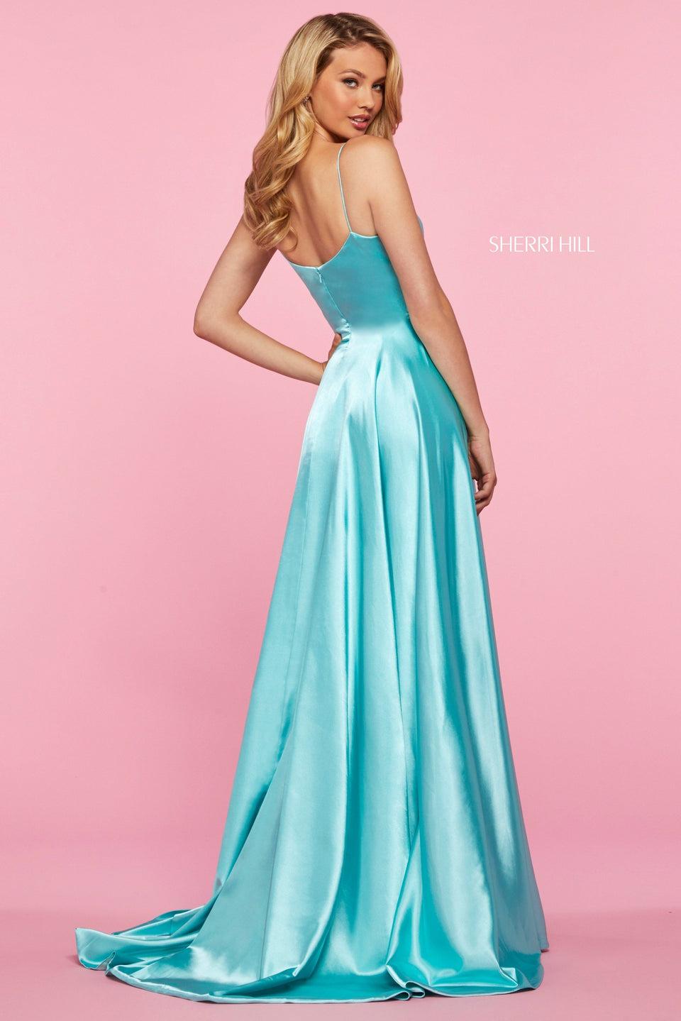 Sherri Hill Satin A-line Gown With Ruched Wrap Bodice Spaghetti Straps Pockets And Skirt Slit