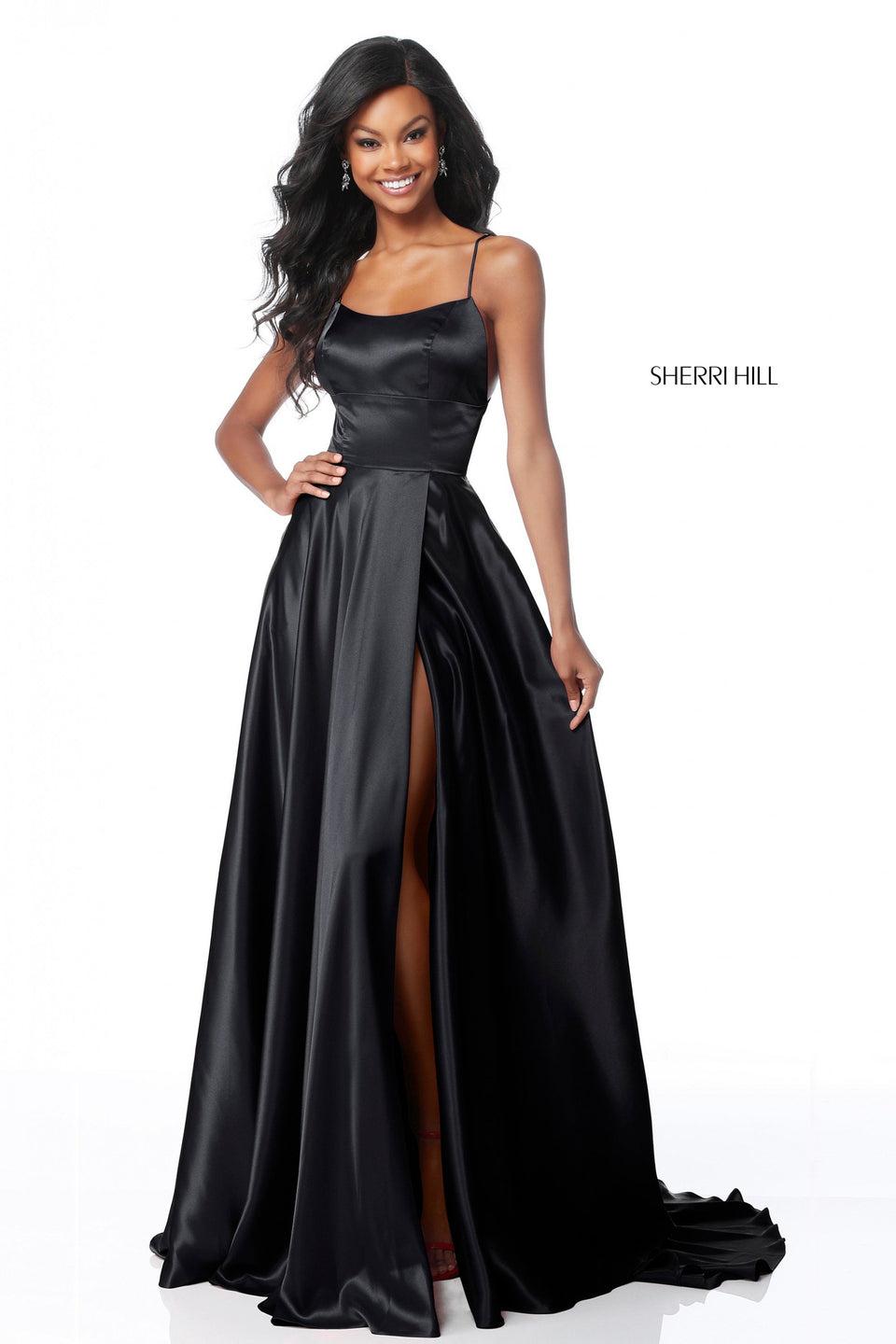 Sherri Hill Satin A-line Gown With Strappy Lace Up Back And High Skirt Slit