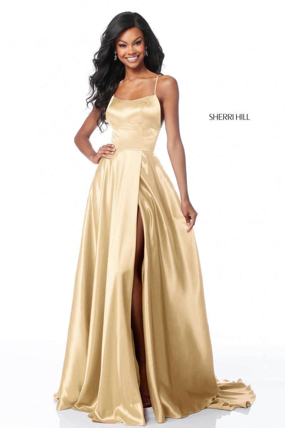 Sherri Hill Satin A-line Gown With Strappy Lace Up Back And High Skirt Slit