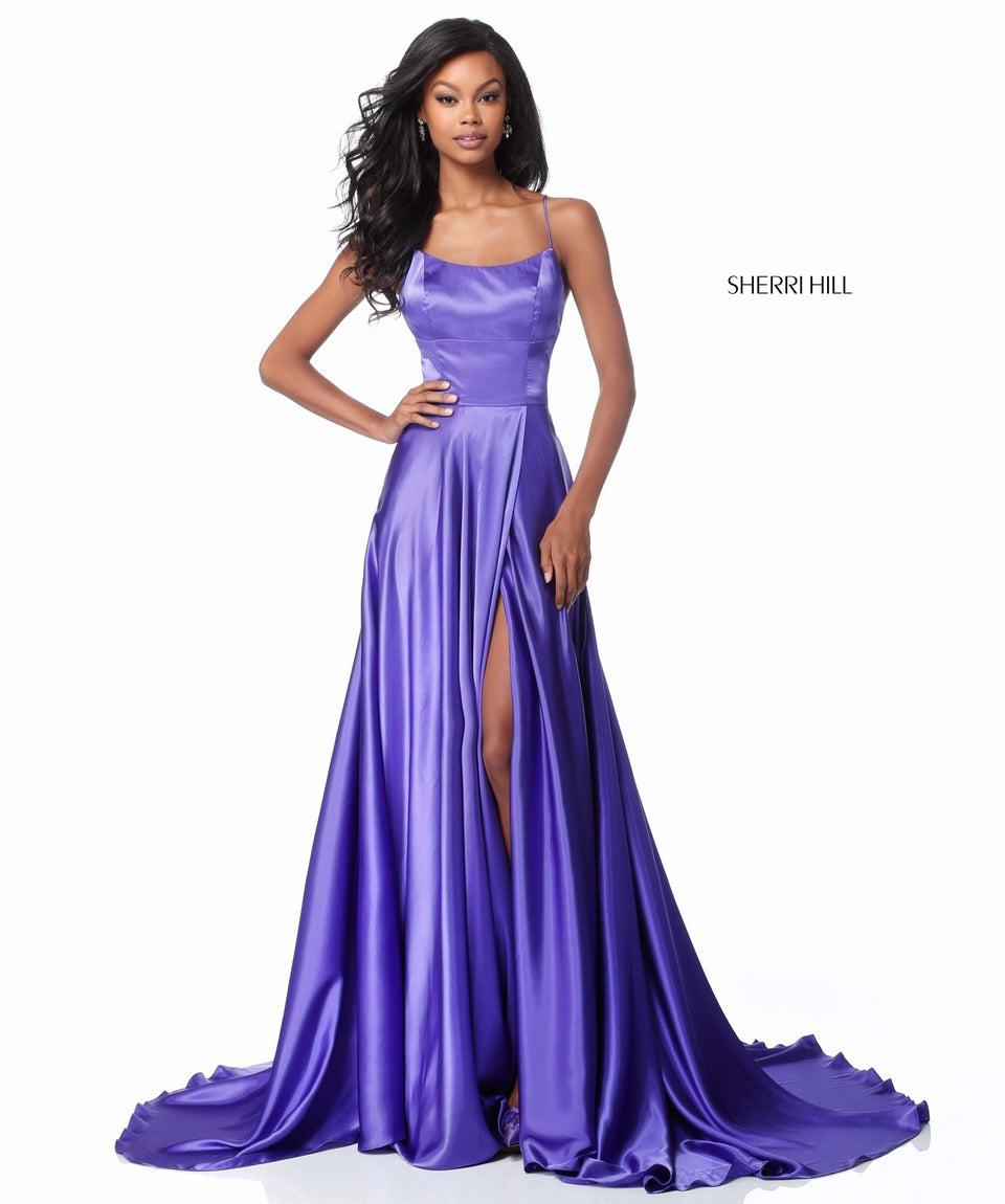 Sherri Hill Satin A-line Gown With Strappy Lace Up Back And High Skirt Slit